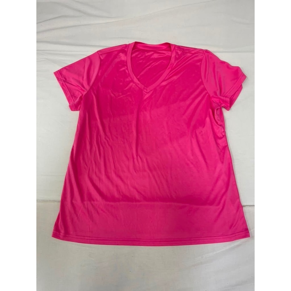 Womens Hot Pink V-Neck Athletic T-Shirt Short Sleeve Performance Top 2XL